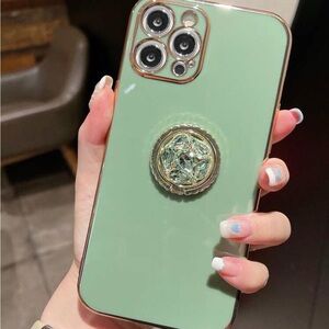 Green iPhone 14 Pro Case with Gold Accents